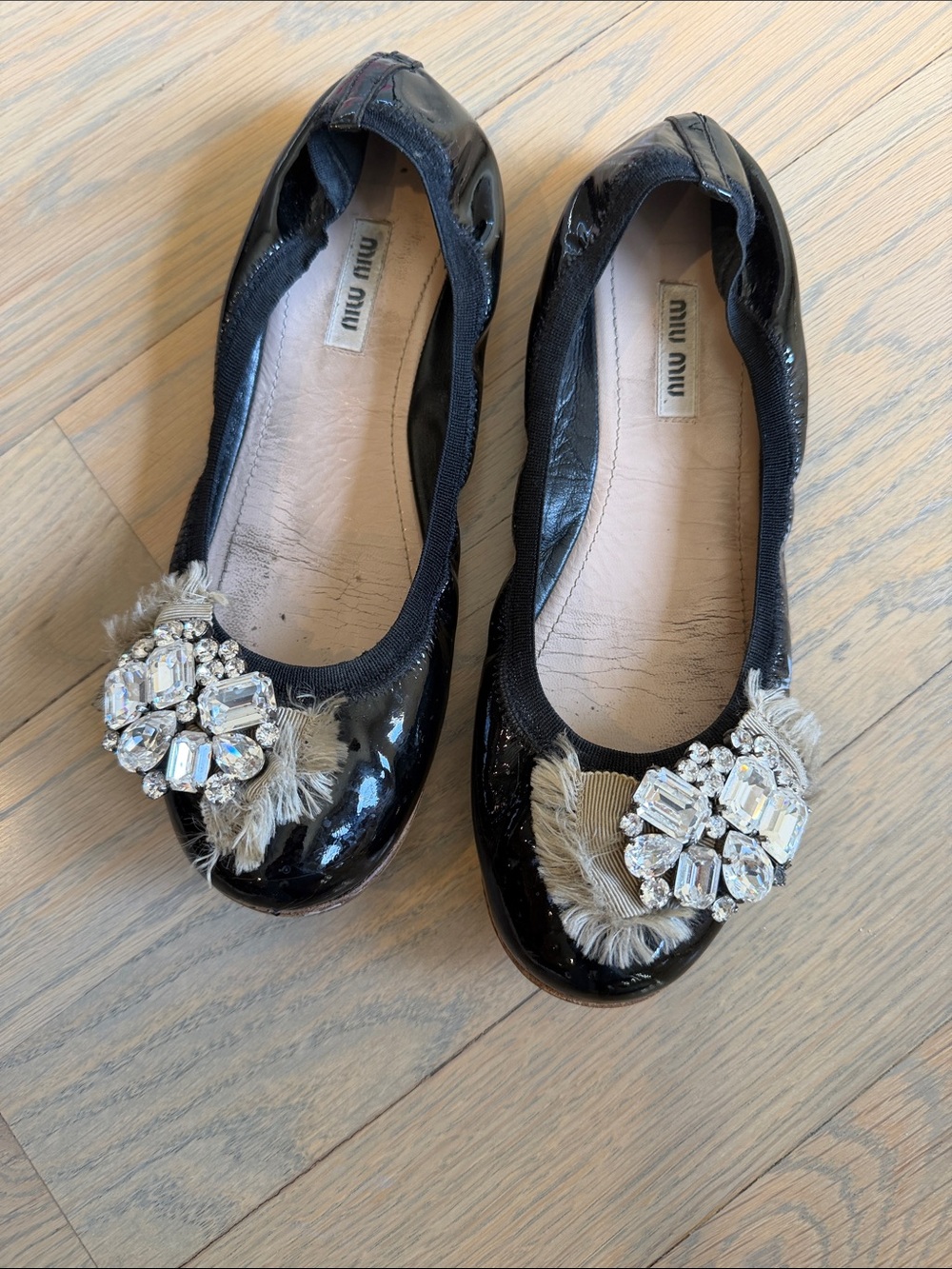 Miu Miu Black Patent Ballet Flats with Crystal & Fringe Detail